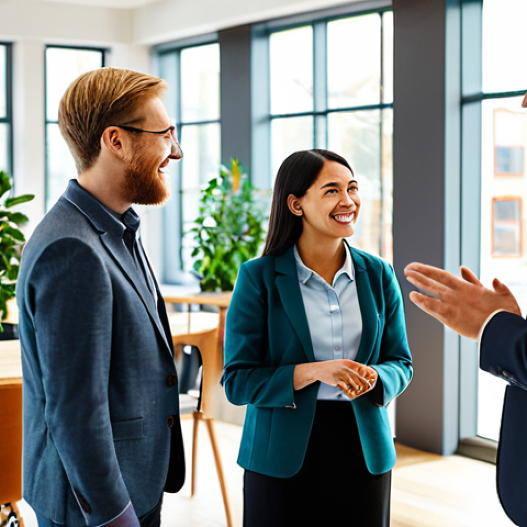 A diverse group of professional adults, including men and women, engaging in genuine conversation and collaborative work. They are wearing modest, modern business casual attire, fully clothed and appropriate for a professional setting. The scene is set in a bright, Scandinavian-inspired community hub with natural light, featuring clean lines, wooden elements, and subtle plant decor, conveying a warm and inviting atmosphere. Professional photography, high resolution, soft focus on the background. Perfect anatomy, correct proportions, natural pose, well-formed hands, proper finger count, natural body proportions. Safe for work, appropriate content, fully clothed, family-friendly.