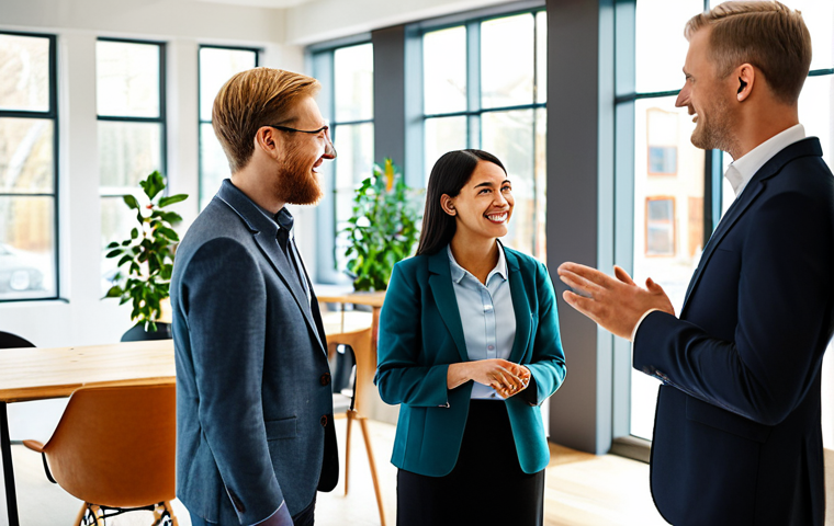 A diverse group of professional adults, including men and women, engaging in genuine conversation and collaborative work. They are wearing modest, modern business casual attire, fully clothed and appropriate for a professional setting. The scene is set in a bright, Scandinavian-inspired community hub with natural light, featuring clean lines, wooden elements, and subtle plant decor, conveying a warm and inviting atmosphere. Professional photography, high resolution, soft focus on the background. Perfect anatomy, correct proportions, natural pose, well-formed hands, proper finger count, natural body proportions. Safe for work, appropriate content, fully clothed, family-friendly.