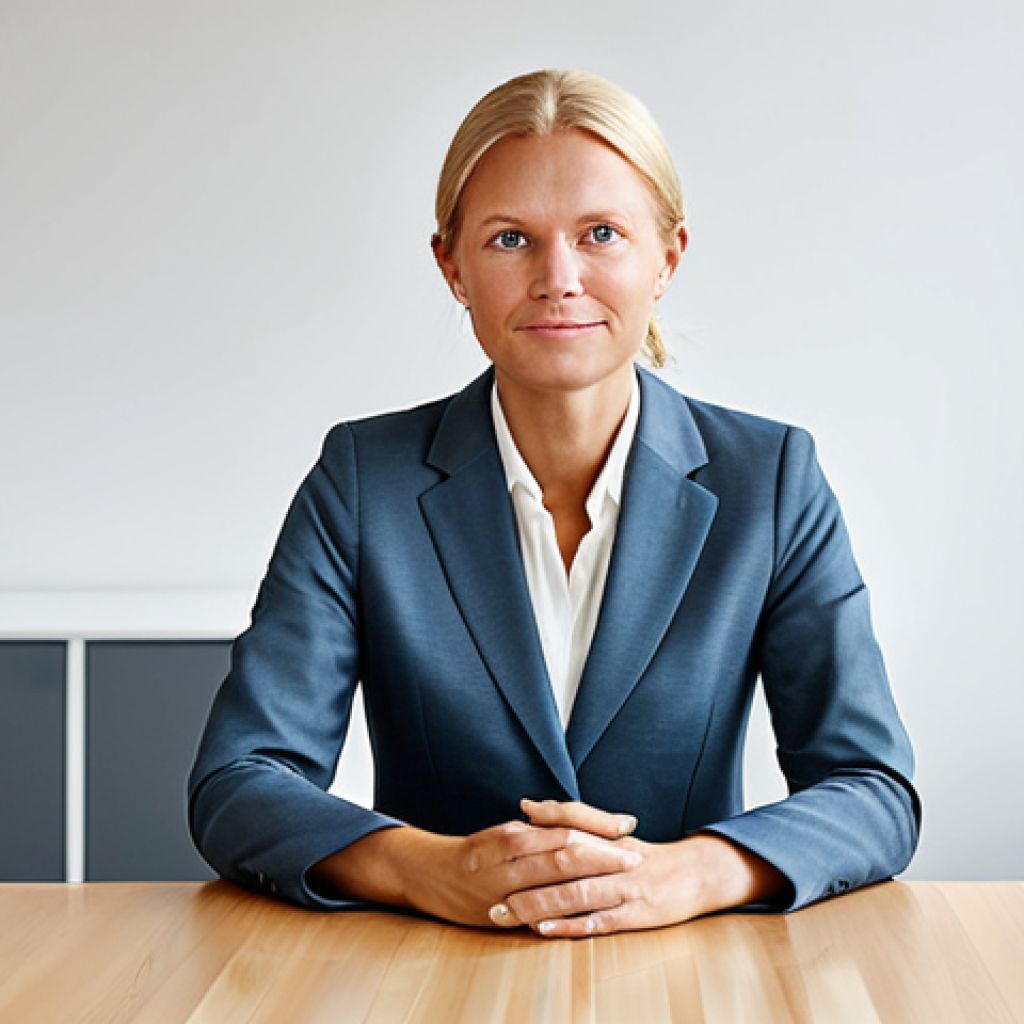**

"A Swedish businesswoman in a modest business suit, sitting at a modern desk in a bright and airy Stockholm office, fully clothed, appropriate attire, safe for work, perfect anatomy, natural proportions, professional photography, high quality, professional environment, family-friendly."

**