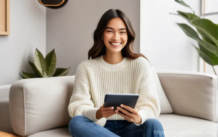 고객 충성도 프로그램의 기술적 혁신 사례 - **Prompt:** A young, stylish woman in her late 20s, with a warm, content smile, is comfortably seate...